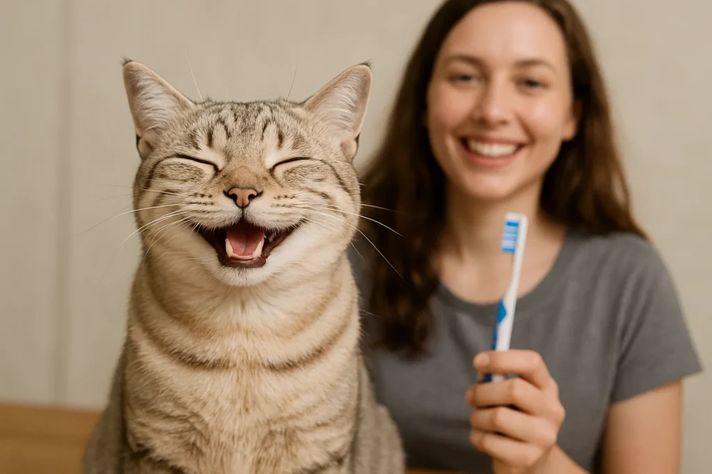 A happy cat with its owner in the background holding a toothbrush