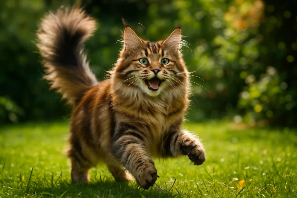 A happy female Maine coon cat playing in the garden 