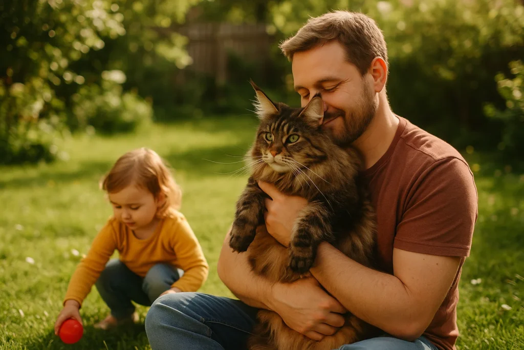 An owner cuddling their female Maine coon cat outside in their garden with their child playing next to them