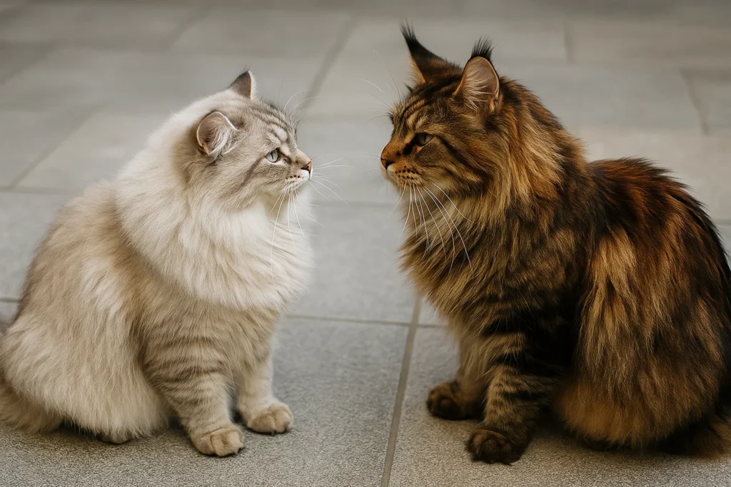 A Siberian Cat meeting with a Maine Coon cat