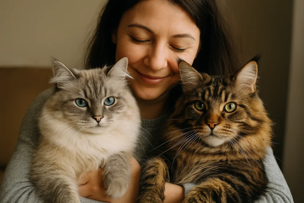 an owner cuddling both a Siberian Cat and a Maine Coon cat