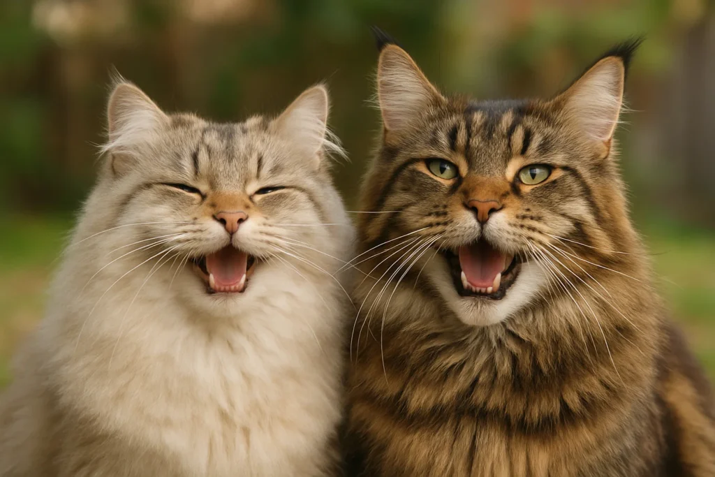A happy Siberian Cat and a Maine Coon cat