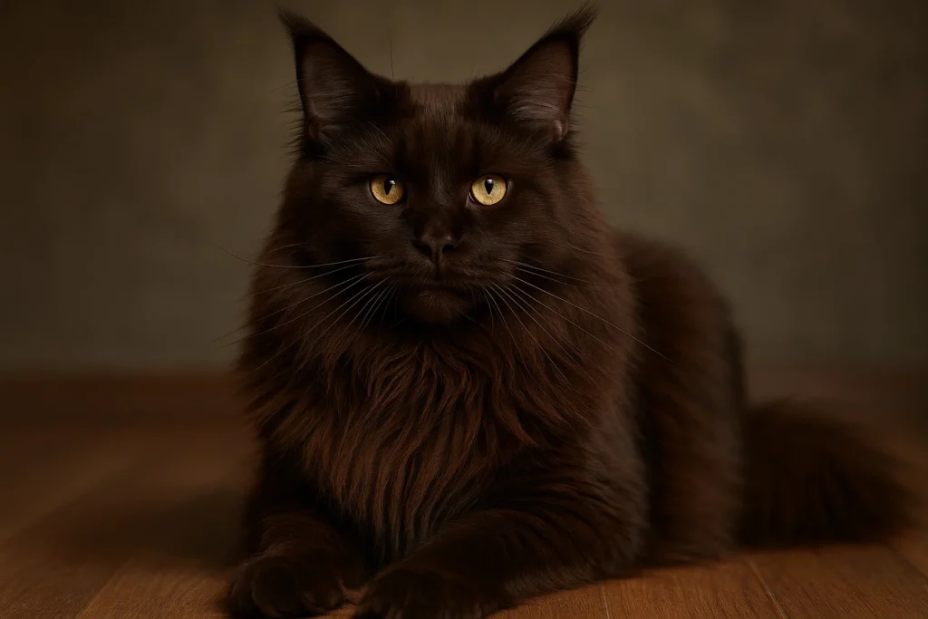A chocolate coloured maine coon cat