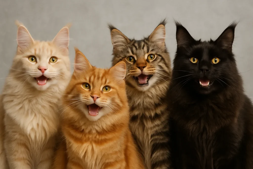 A happy group of different coloured maine coon cats