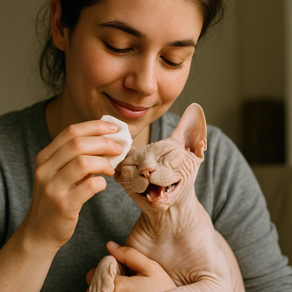 An owner taking care of a happy Sphynx Cat