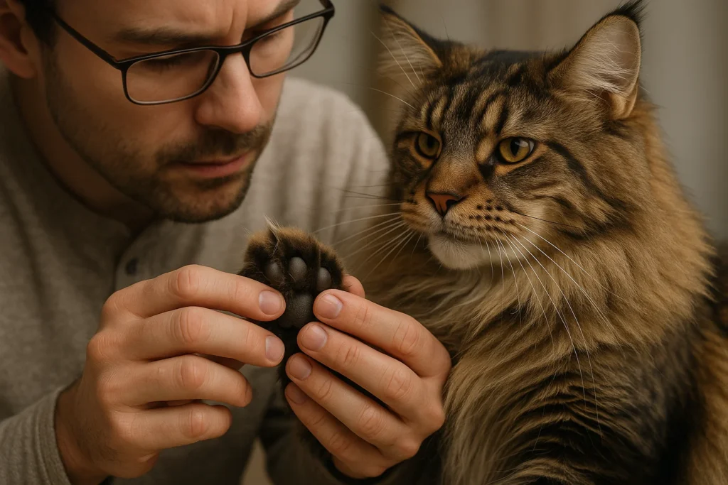 an owner inspecting their maine coon cat's paws