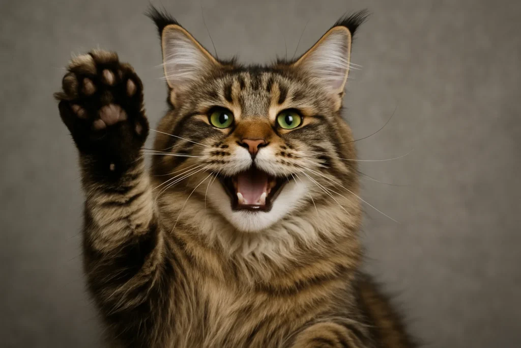 a happy maine coon cat showing off its paw
