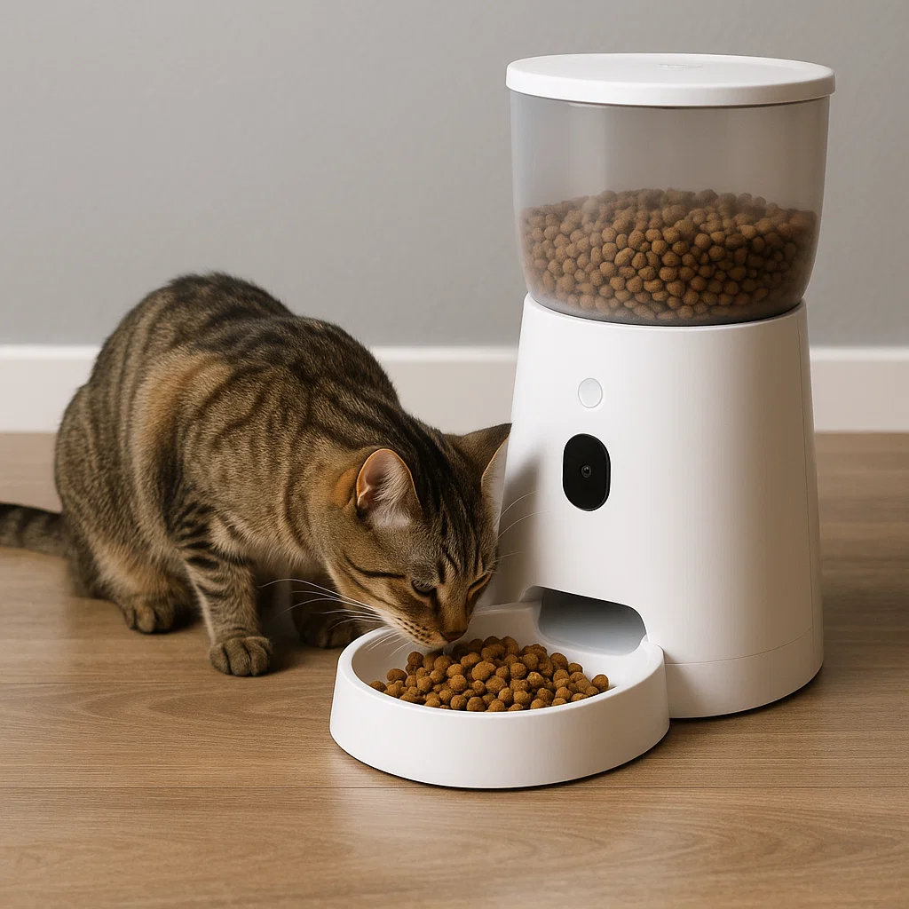 A cat using an automatic feeder