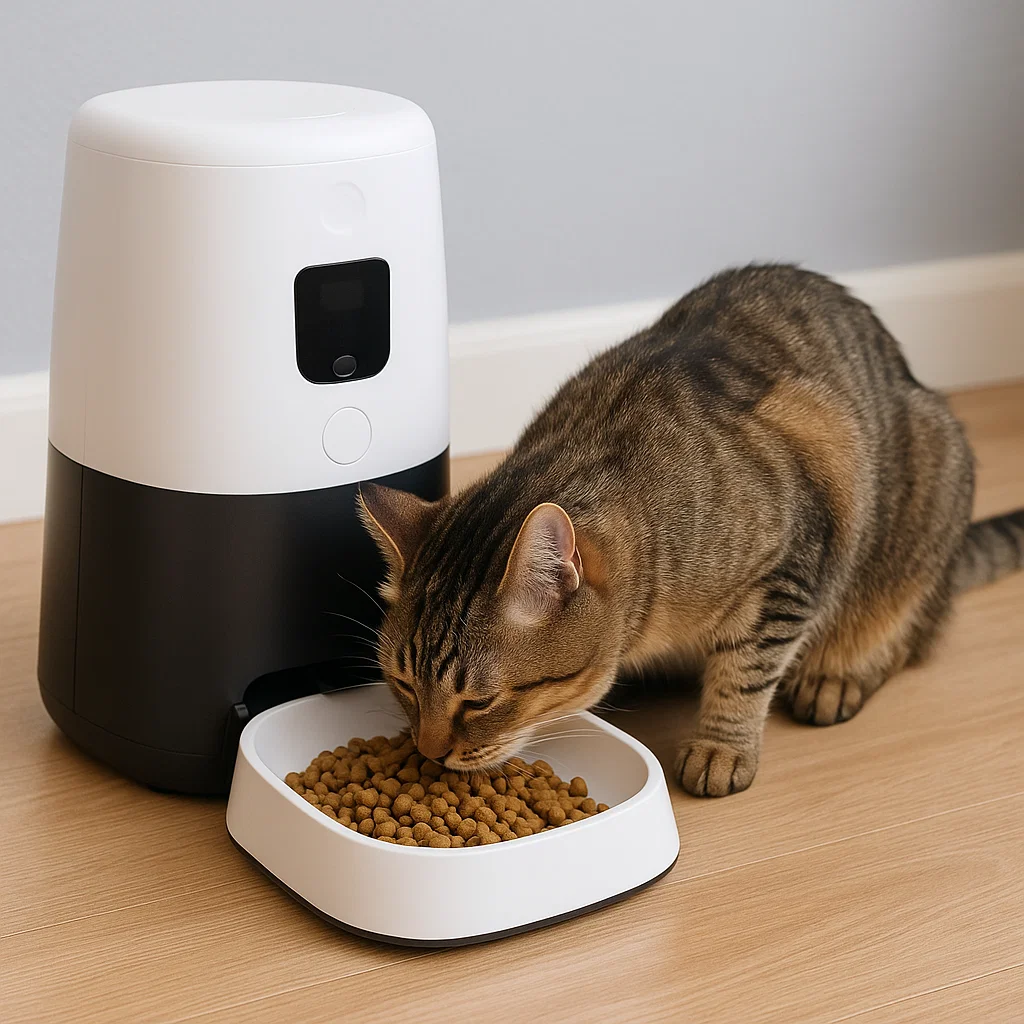 A cat using an automatic feeder
