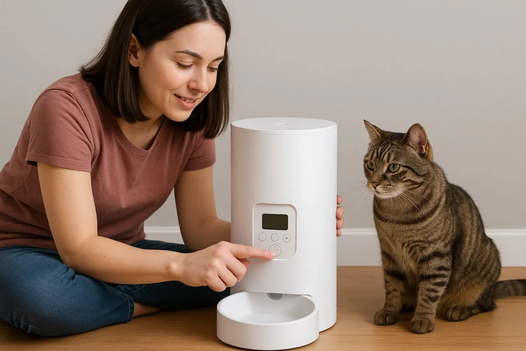An owner setting up an automatic cat feeder for their cat