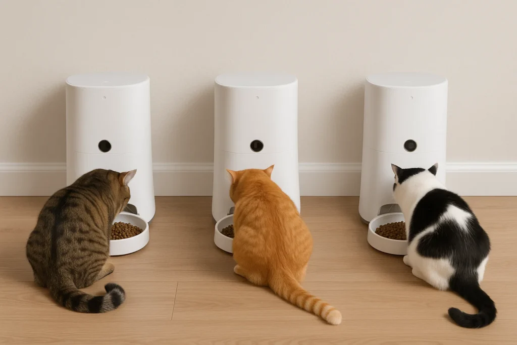 3 cats each using their own automatic cat feeder