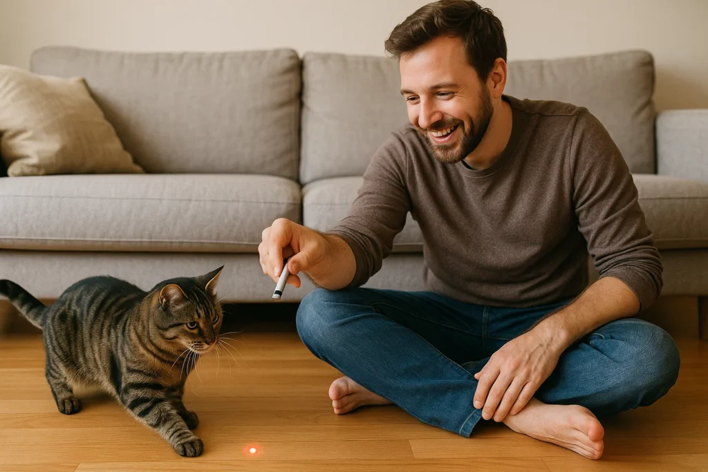 An owner and a cat playing with a laser pointer