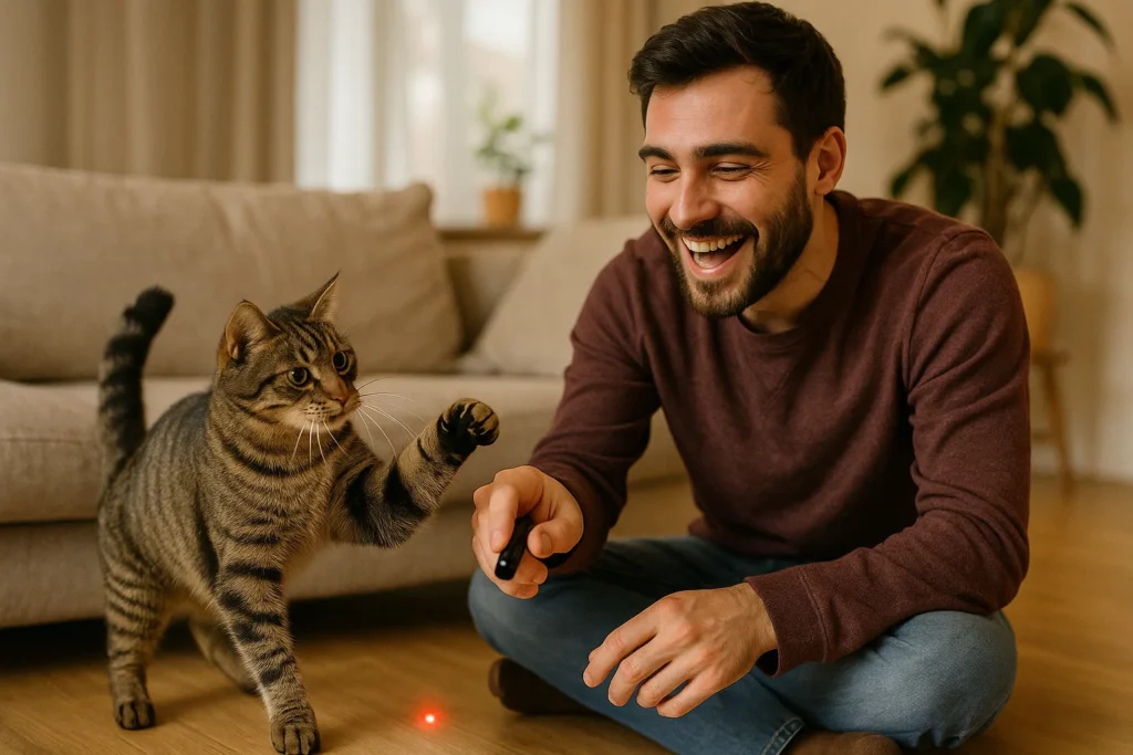 A CAT AND ITS OWNER HAVING FUN PLAYING WITH A LASER POINTER