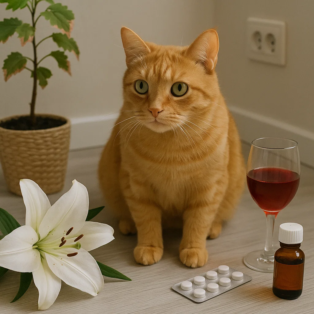 A cat standing next to all the things that re toxic to cats in the home