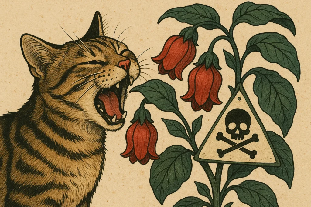 An animation of a cat trying to eat a toxic plant