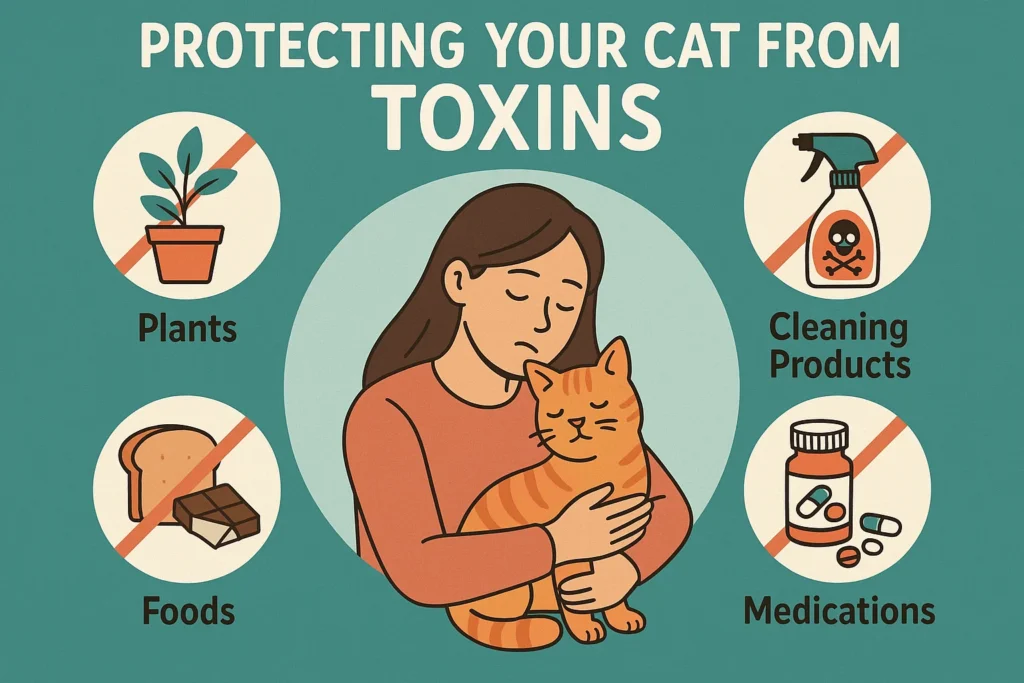An animated image demonstrating "protecting your cat from toxins" highlighting plants, cleaning products, foods and medications