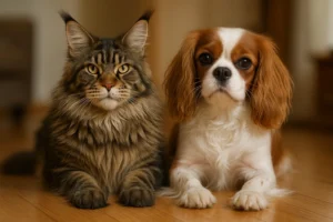 a Maine coon and a cavalier king Charles spaniel
