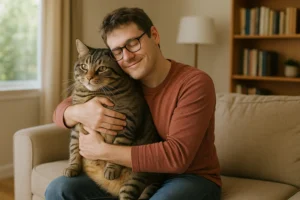 a man cuddling and Living with a Dog-Sized Cat