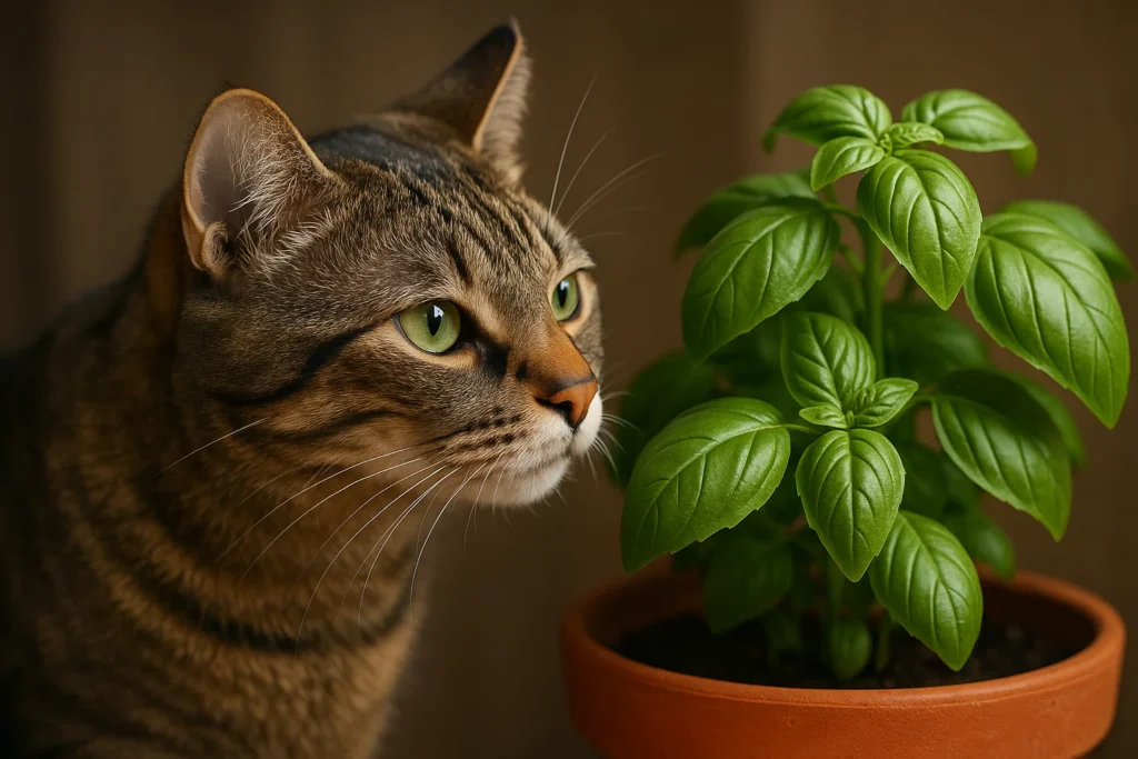 A curious cat inspecting a basil plant