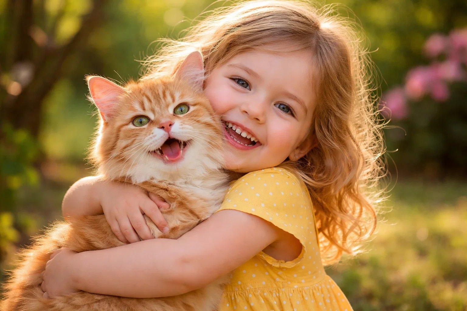 A happy cat with a child 