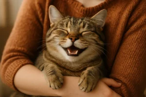 A happy cat in it's owners arms 