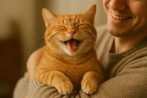 a joyful cat in its owners arms 