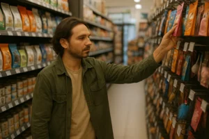 A man shopping for their cat in a pet store