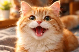 A joyful cat on a bed