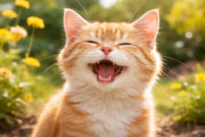 Smiling orange cat in flowers.