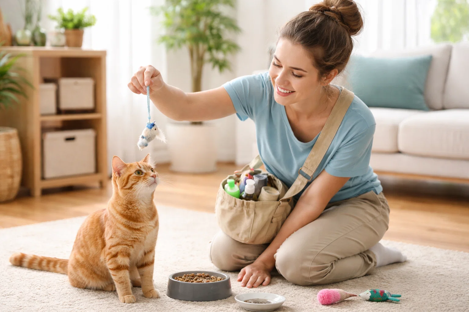 A cat sitter looking after a cat 
