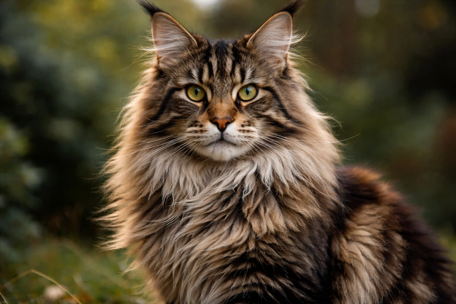 Close up of a Maine coon cat posing outside with a blurred background