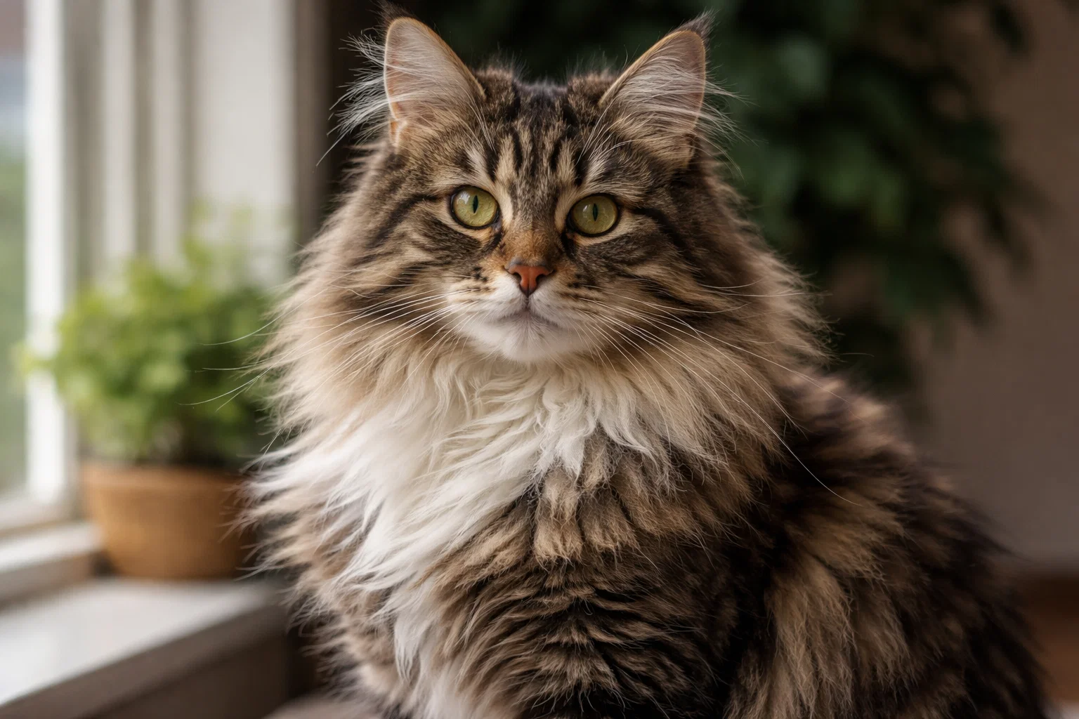 A Maine coon mix cat indoors with blurred plant pots in the background
