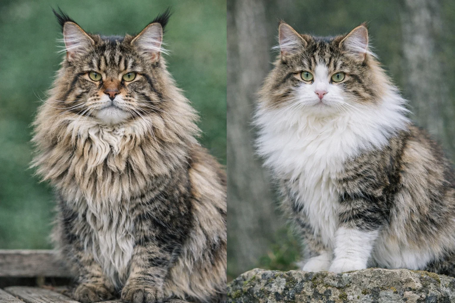 Maine Coon vs Norwegian Forest Cat standing side by side