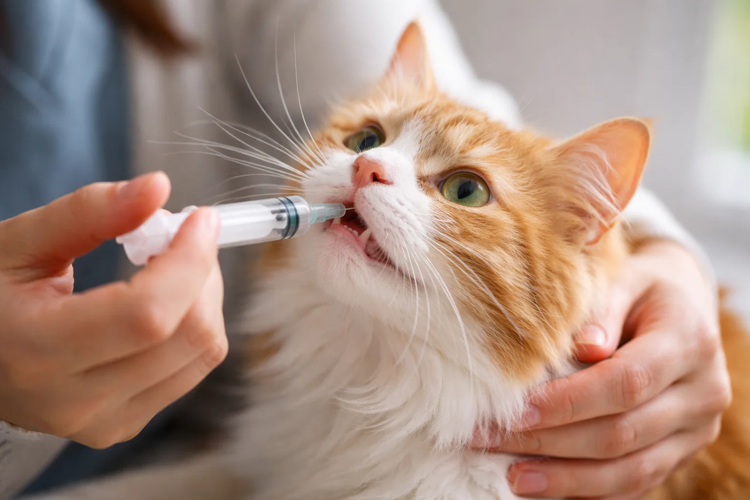 A owner giving their cat medicine
