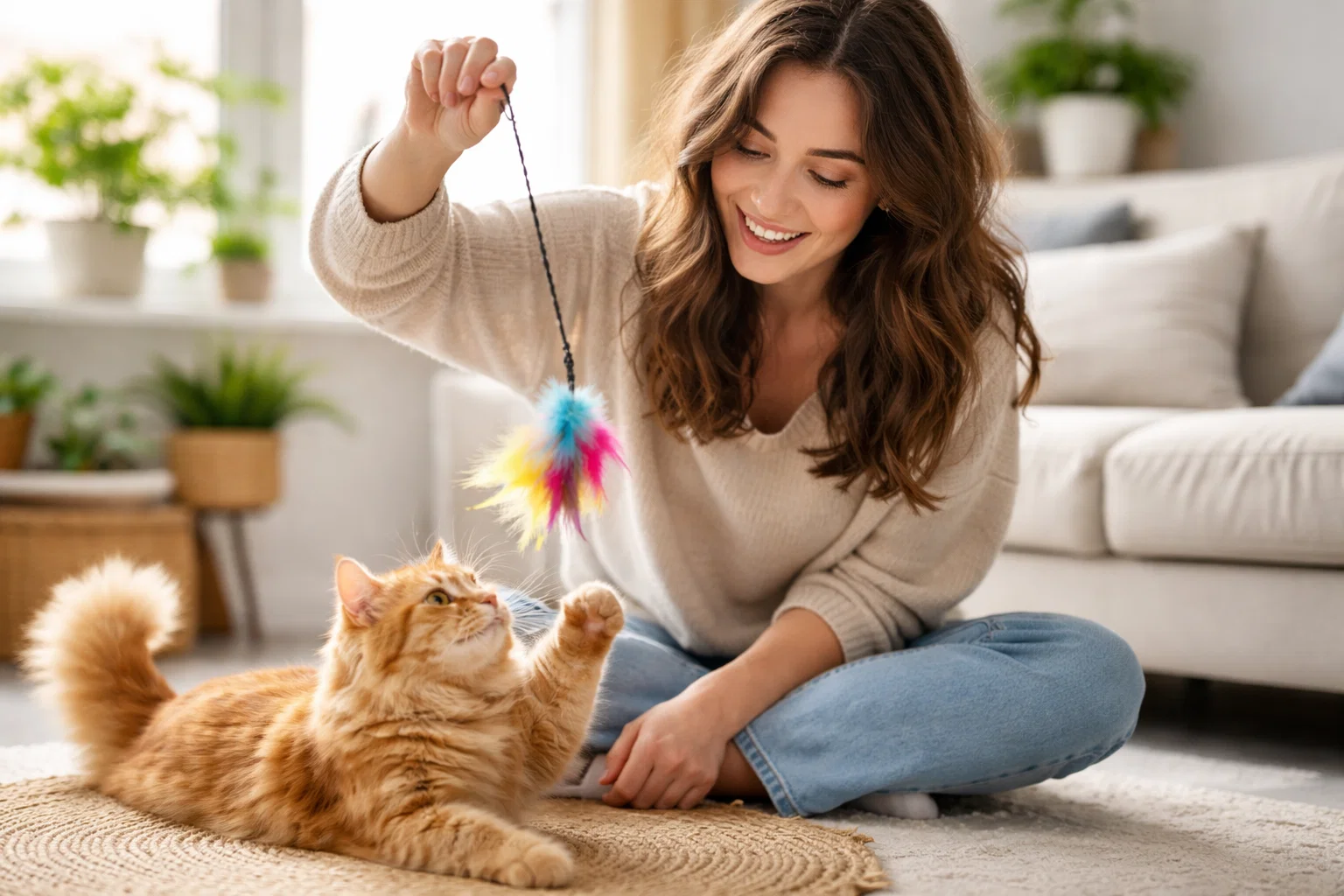 An owner using a feather to to play with a cat at home