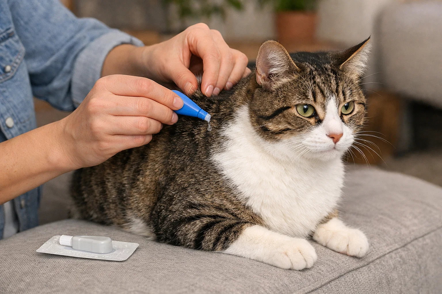 An owner giving their cat flea control 
