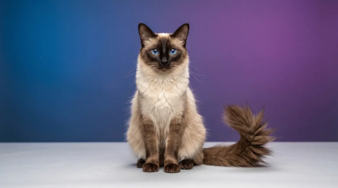 Balinese cat breed with silky coat, plumed tail, and sapphire-blue eyes in studio portrait