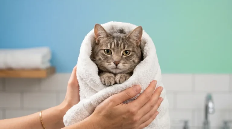 Person gently holding a towel-wrapped cat during a calm bath preparation at home