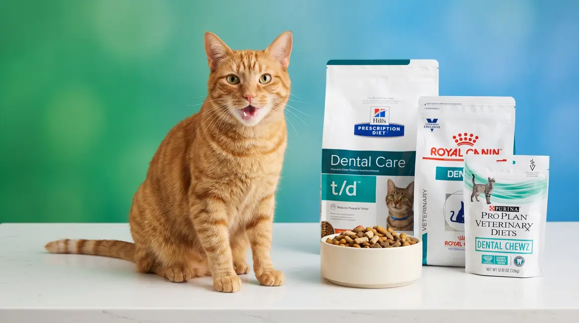 Best food for cat gum health showing dental kibble and healthy cat with pink gums