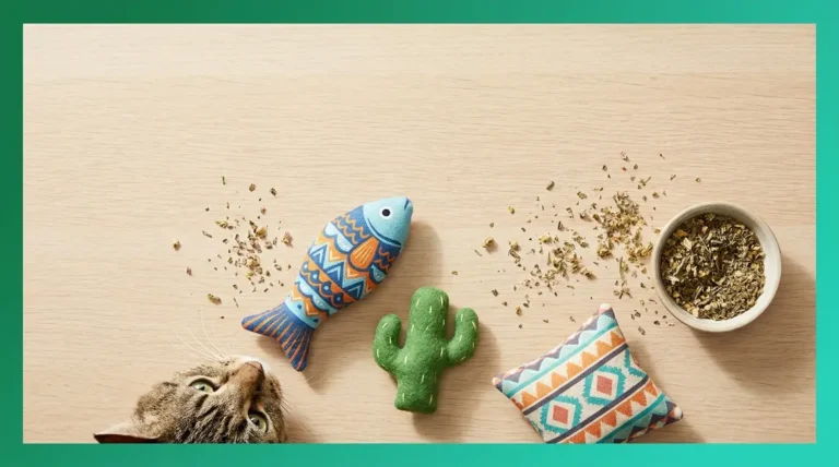 Selection of the best catnip toys available in the UK arranged with a curious tabby cat