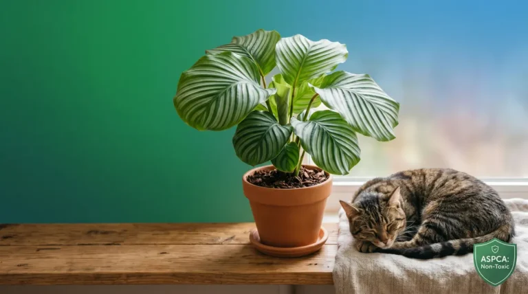 Healthy Calathea plant beside a relaxed cat confirming calathea is not toxic to cats