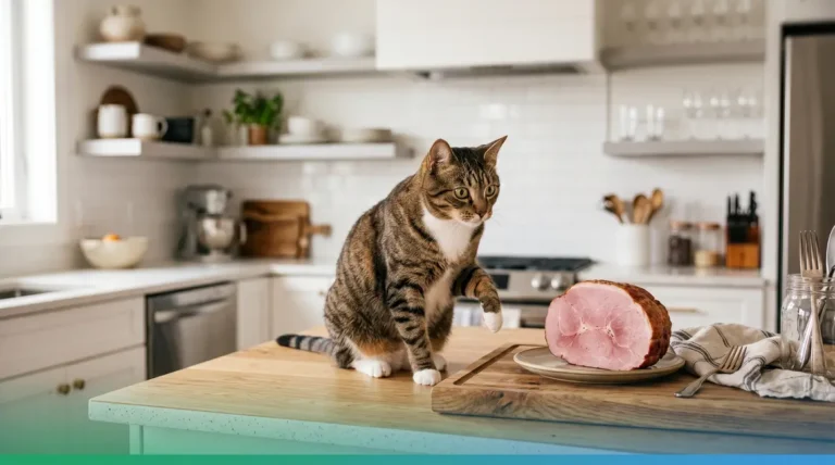 Can cats eat ham — tabby cat eyeing a slice of cooked ham on kitchen counter