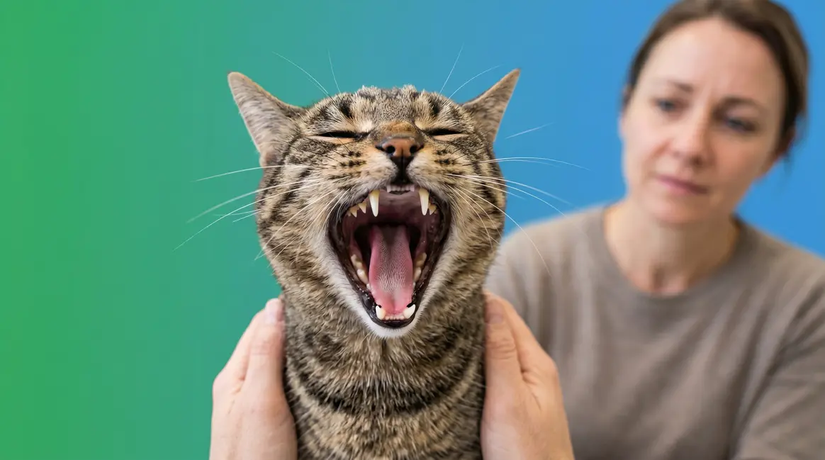 Cat bad breath causes illustrated by open-mouthed cat showing teeth and gums during vet exam