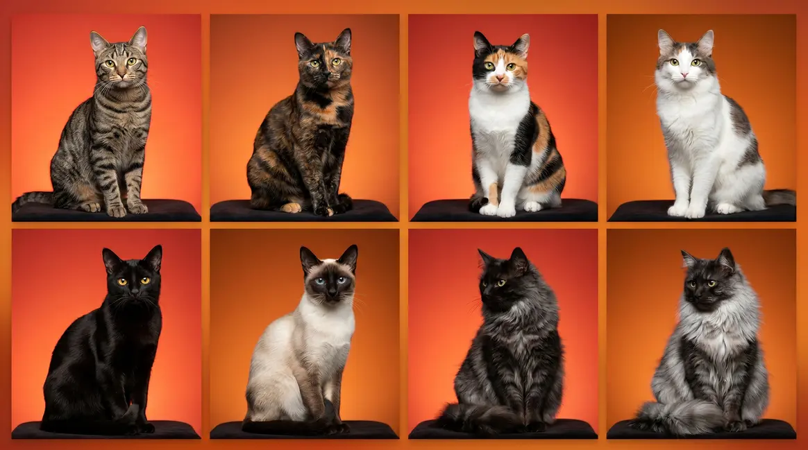 Complete cat coat types guide showing tabby, tortoiseshell, calico, solid, colorpoint, and smoke patterns