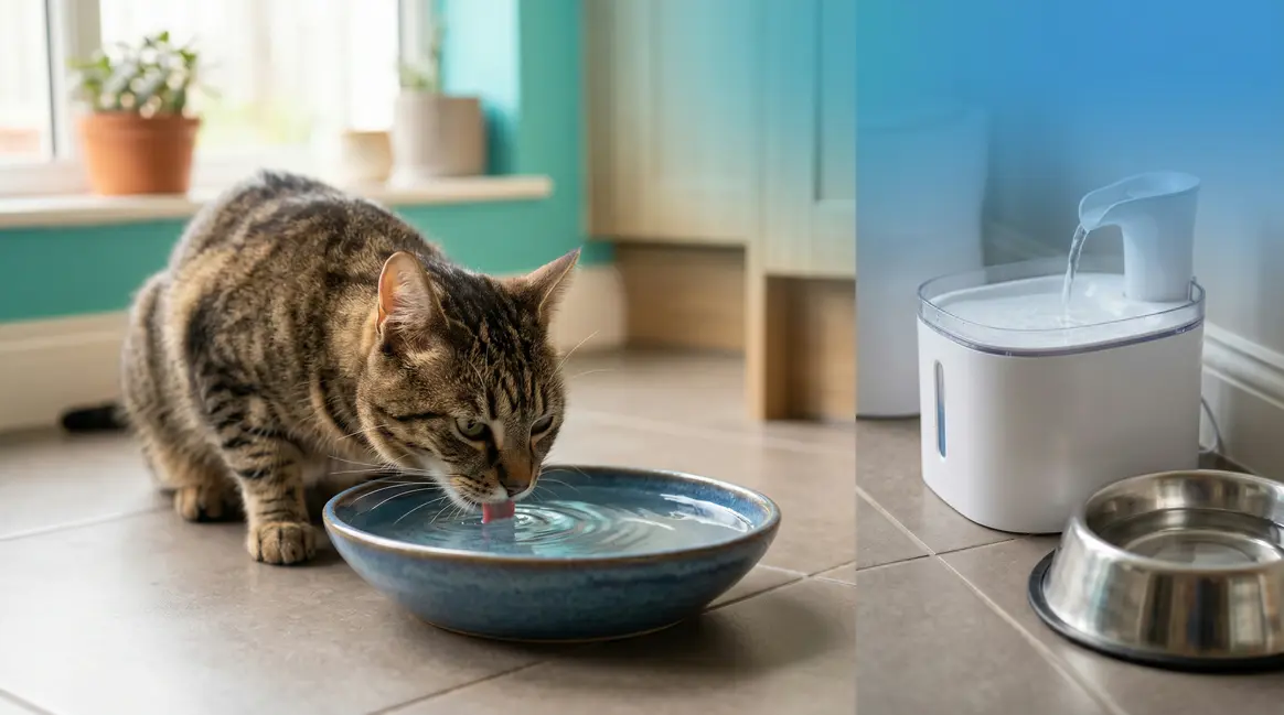Cat drinking from wide shallow ceramic bowl — how to get your cat to drink more water