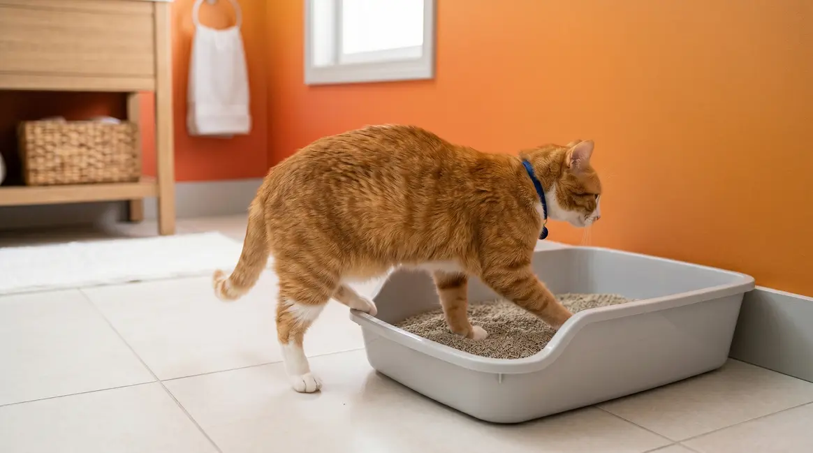 Cat stepping into a clean open litter box during litter box training at home
