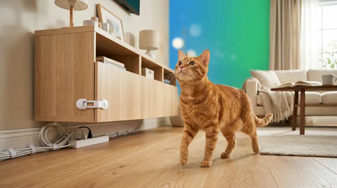 Curious cat exploring a safely cat-proofed living room with secured cords and cabinets