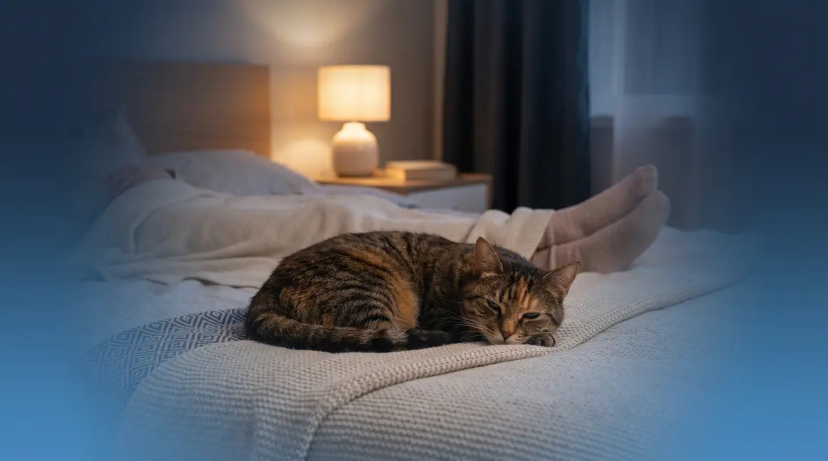 Why does my cat sleep at my feet — tabby cat resting peacefully at the foot of a bed