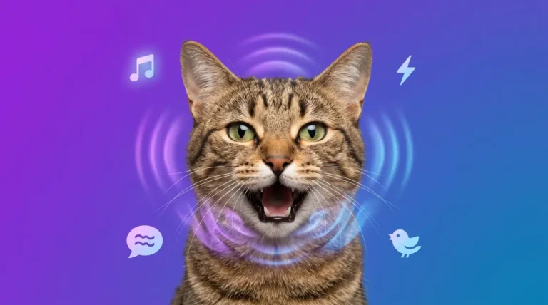 Cat making a sound with illustrated vocalization icons showing what cat sounds mean