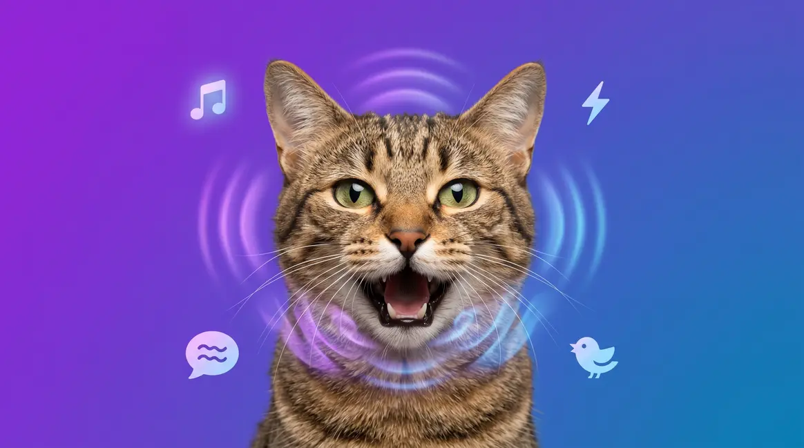 Cat making a sound with illustrated vocalization icons showing what cat sounds mean